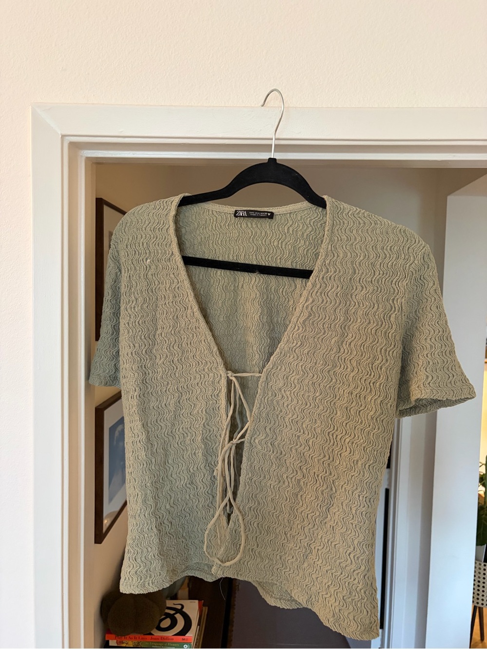 Zara Light Sage Tie-Front Textured Knit Crop Top